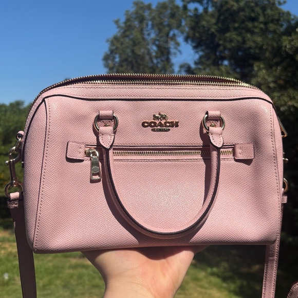 Pink Leather Coach Crossbody Purse with Top handles and Gold Tone Hardware - Picture 1 of 13